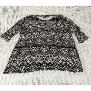Jones New York Tunic Top Womens 3X Black White Paisley Print Stretch Boho Plus